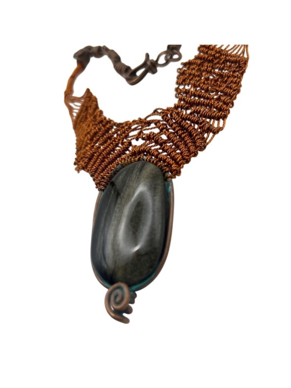 Handmade Copper Wire Wrapped Silver Sheen Obsidian Necklace Boho Statement - Picture 3 of 11